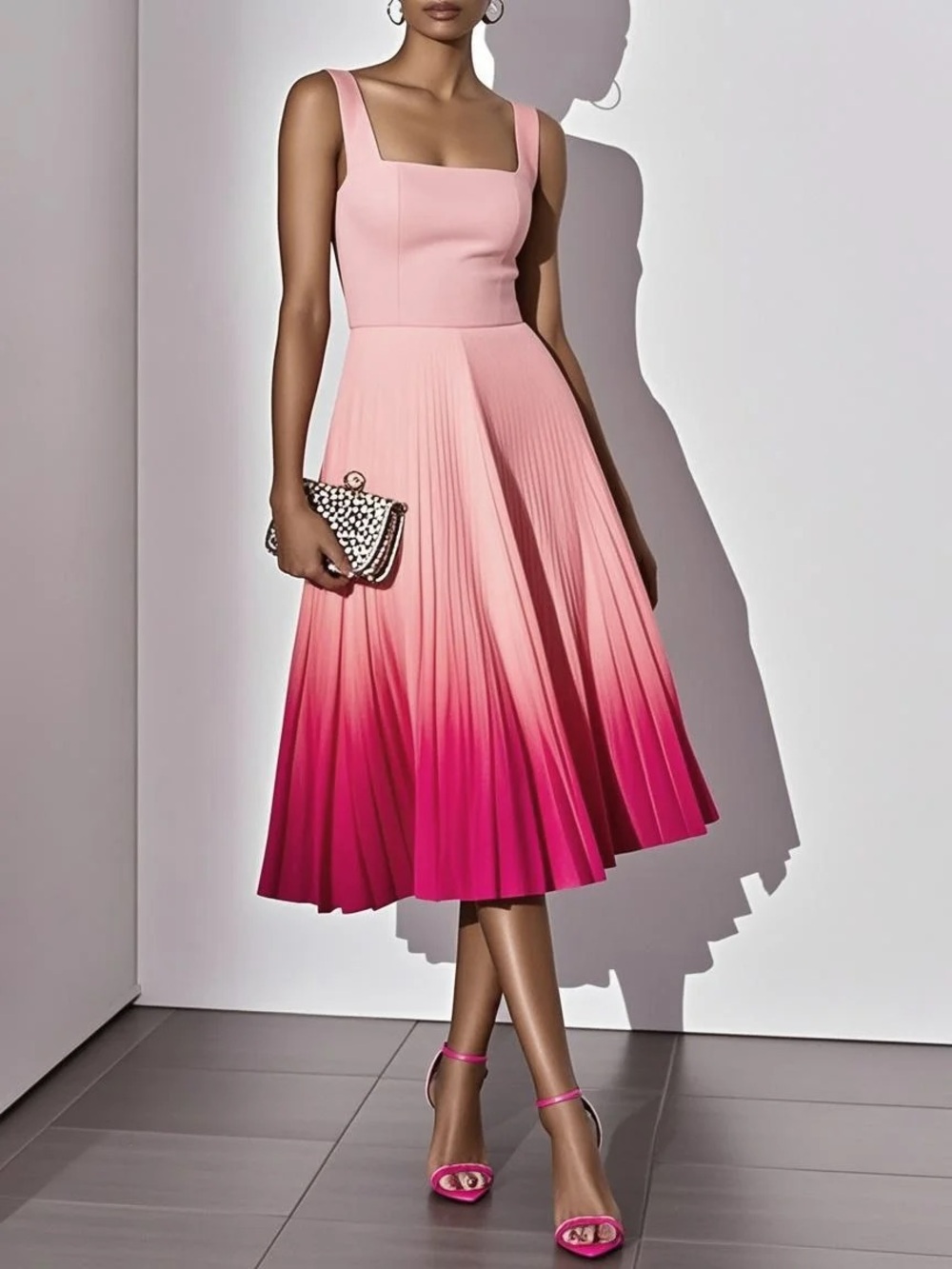 Fehaute Pink Ombre Pleated Midi Dress - Square Neck